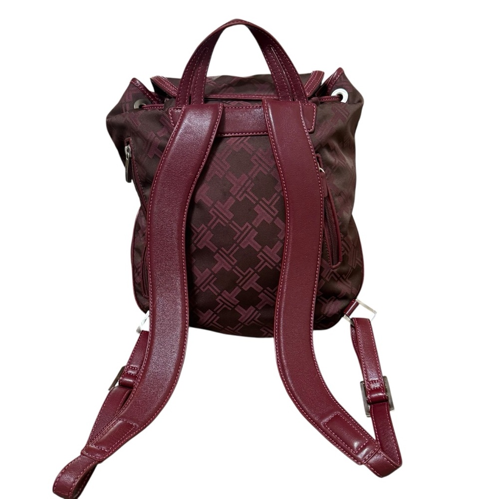 Tumi Burgundy Monogram Nylon Backpack Tote Leather Trim Travel Bag Medium - Picture 3 of 13